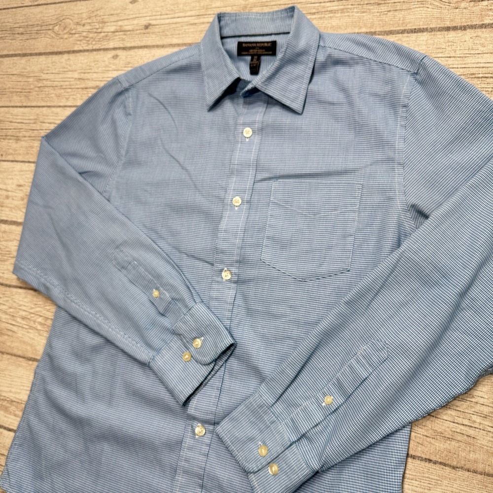 Banana Republic Shirt Men's Medium Blue Slim Fit Micro Check Button Down Cotton